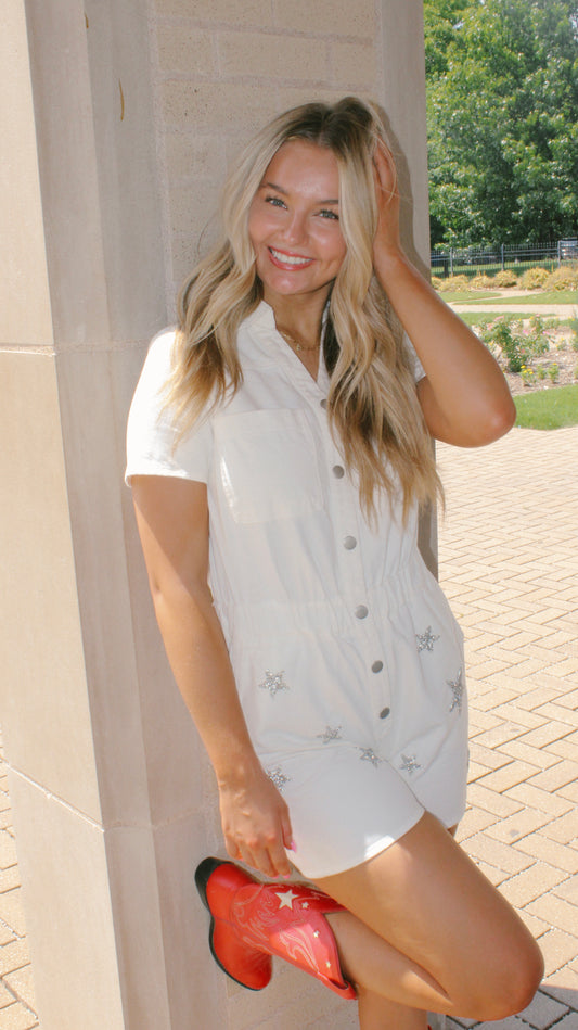 gameday white romper with stars