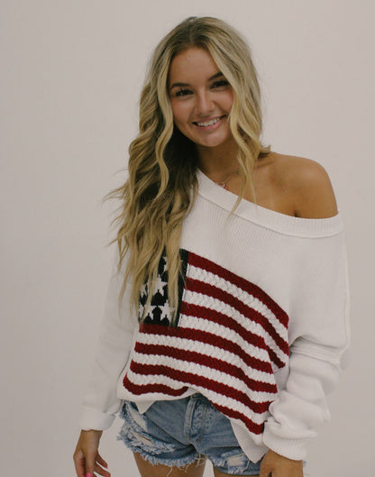 red, white, and boom sweater