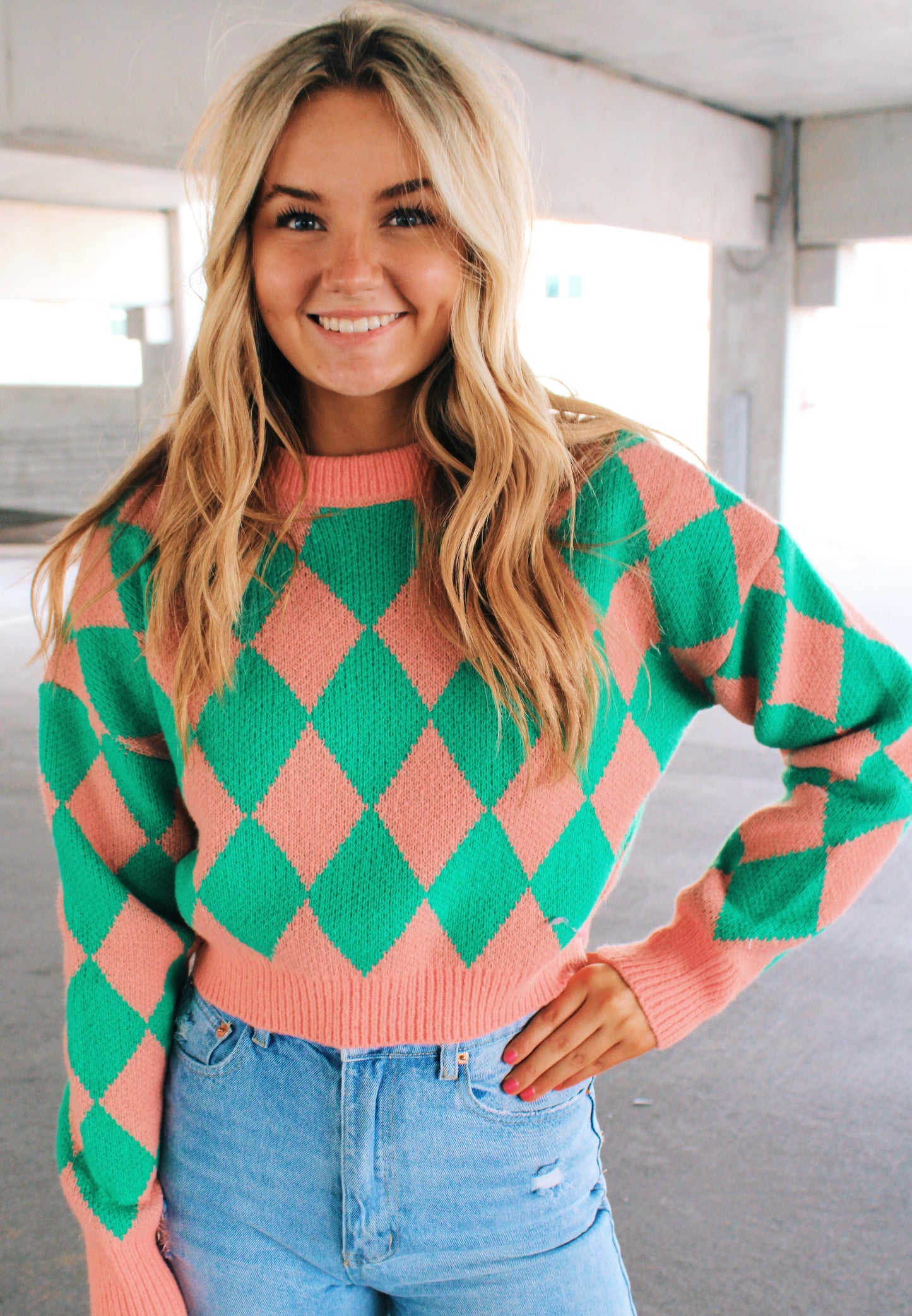 pink and green checkered sweater